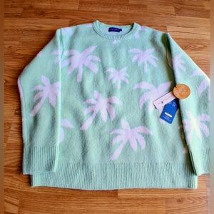 P*NWT Ladies Caribbean Joe Pale Green Sweater, Palm Trees Design. Sz S MSRP $52